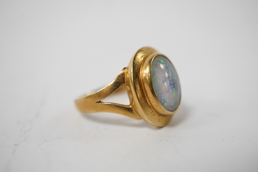 A modern Italian 18k and opal doublet set ring, size N/O, gross weight 4.9 grams. Condition - fair to good